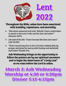 Ash Wednesday Worship 4:30 or 6:30pm
