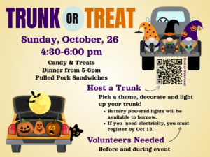 Trunk or Treat, Sunday, October 26 from 4:30-6:00pm